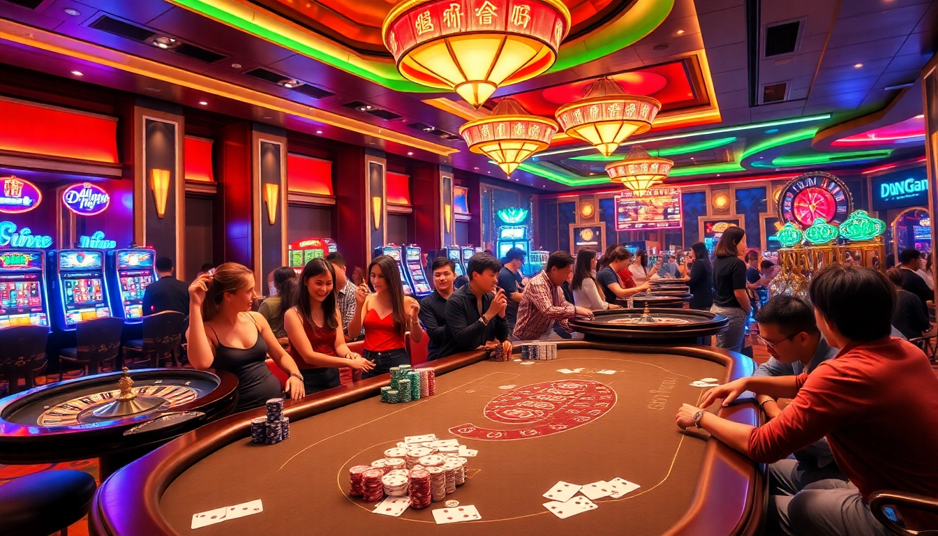 A thrilling cổng game okfun experience with players engaged in various casino games, showcasing excitement and luxury.
