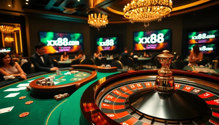 Players enjoying casino games with xx88.com on screens, showcasing excitement and luxury in gambling.