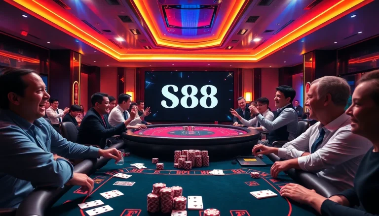 S88 poker table with players and chips, embodying excitement in a luxurious casino setting.