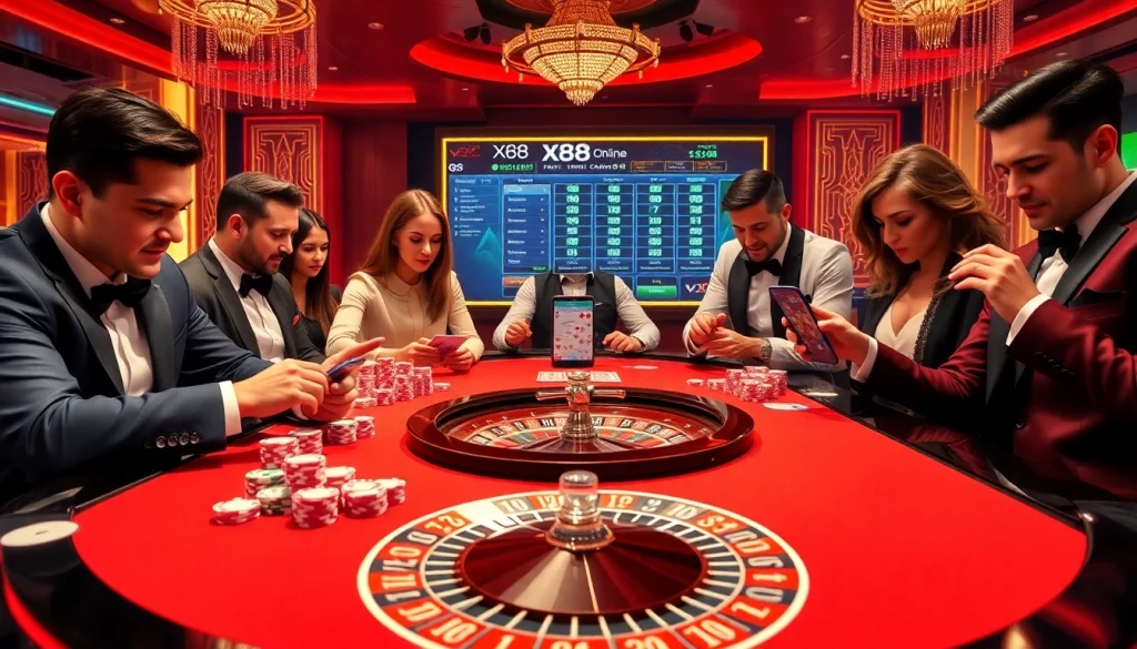 Players experiencing excitement at an X88 online casino table with vibrant colors and action.