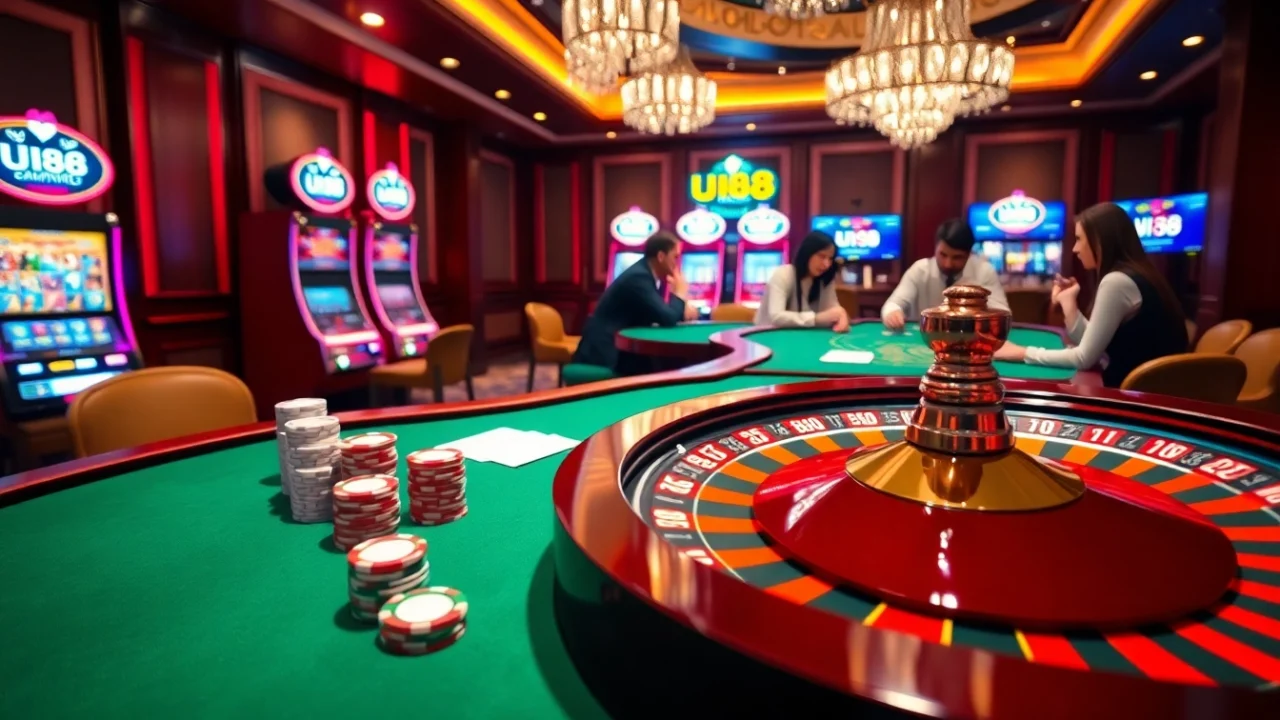 Players enjoying games at a luxurious casino featuring uu88 roulette and poker tables.