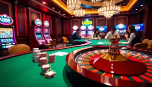 Players enjoying games at a luxurious casino featuring uu88 roulette and poker tables.