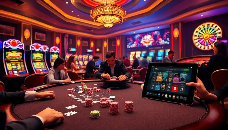 Experience the thrill of gambling at https://iwincom.net/ with a vibrant casino scene featuring blackjack and roulette.