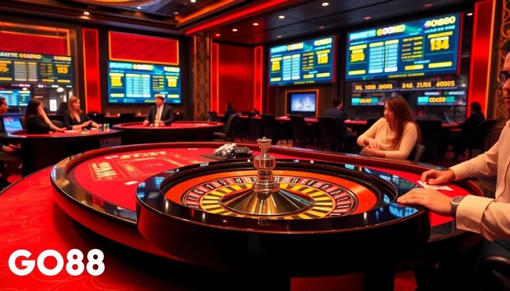 GO88 casino scene with live dealer table, vibrant colors, and strategic betting atmosphere.