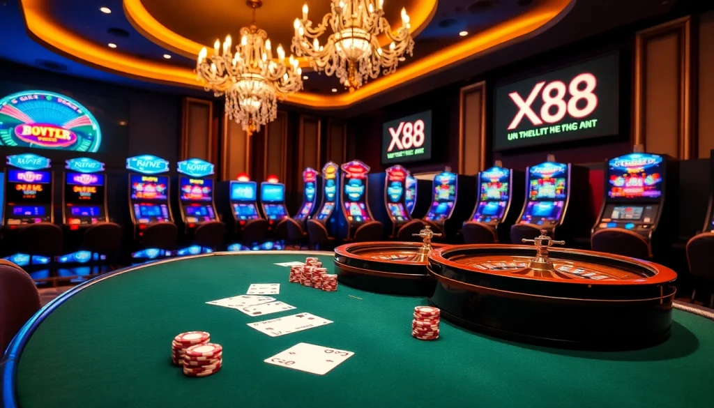 X88 casino scene with luxurious poker table and vibrant slot machines for an exciting gambling atmosphere.