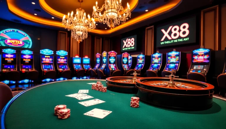 X88 casino scene with luxurious poker table and vibrant slot machines for an exciting gambling atmosphere.