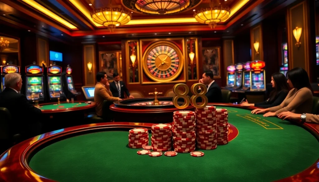 Poker players strategizing at a high-stakes table featuring 'mb 88' chips, creating a thrilling gaming experience.