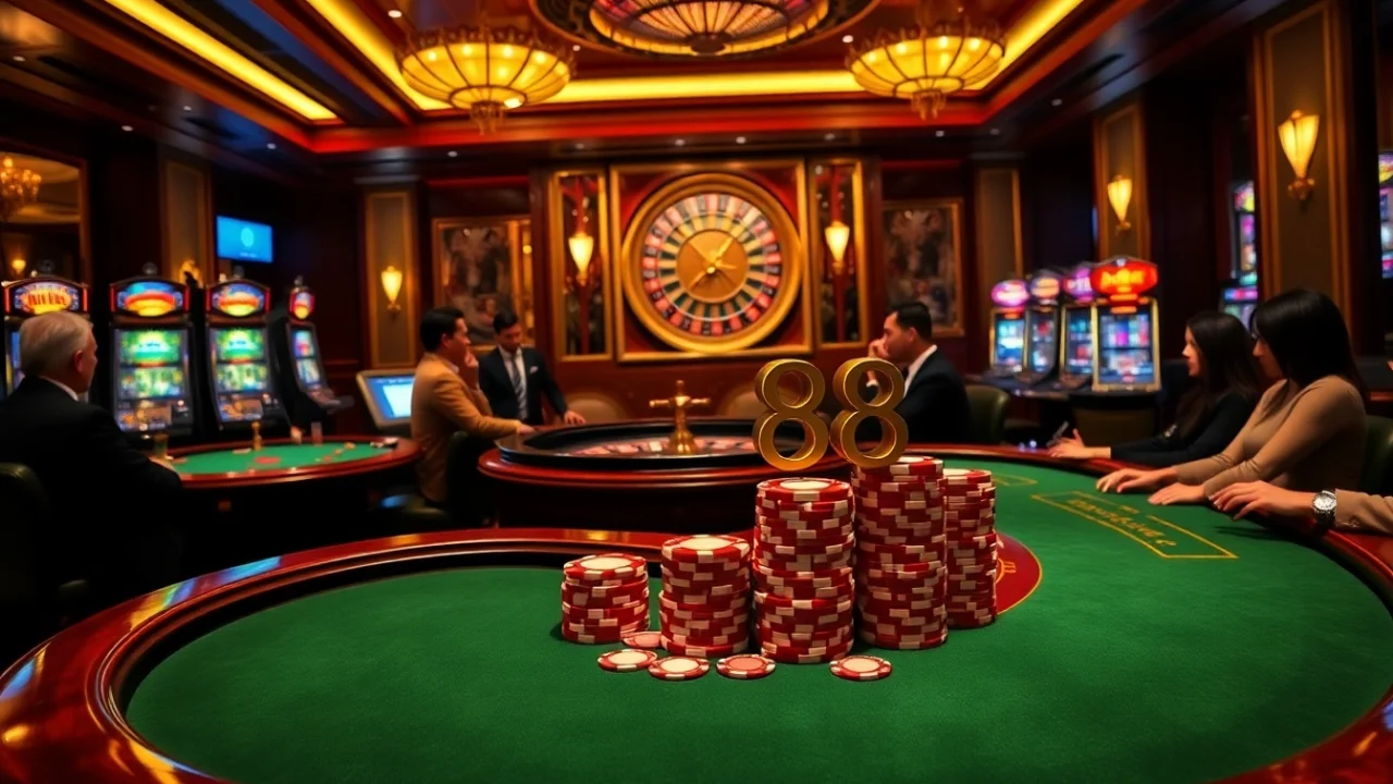 Poker players strategizing at a high-stakes table featuring 'mb 88' chips, creating a thrilling gaming experience.