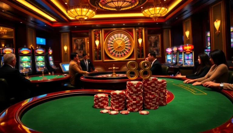 Poker players strategizing at a high-stakes table featuring 'mb 88' chips, creating a thrilling gaming experience.
