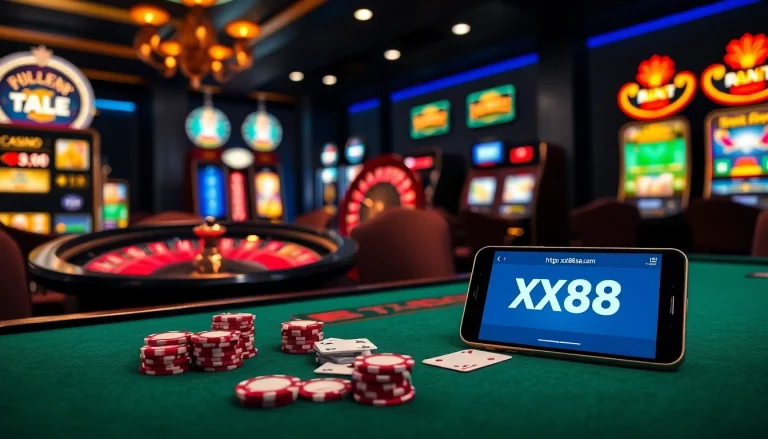 Engaging scene of a luxury casino table showcasing poker chips and cards with https://xx88.sa.com/ interface.