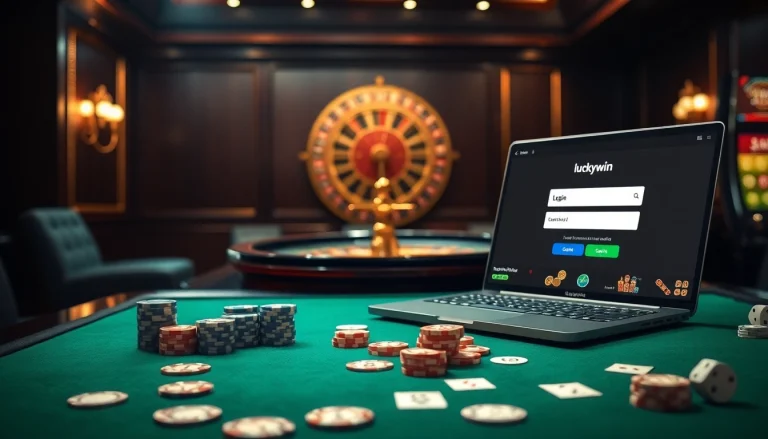 Experience seamless gameplay with luckywin login featured at an elegant casino table overflowing with chips and cards.