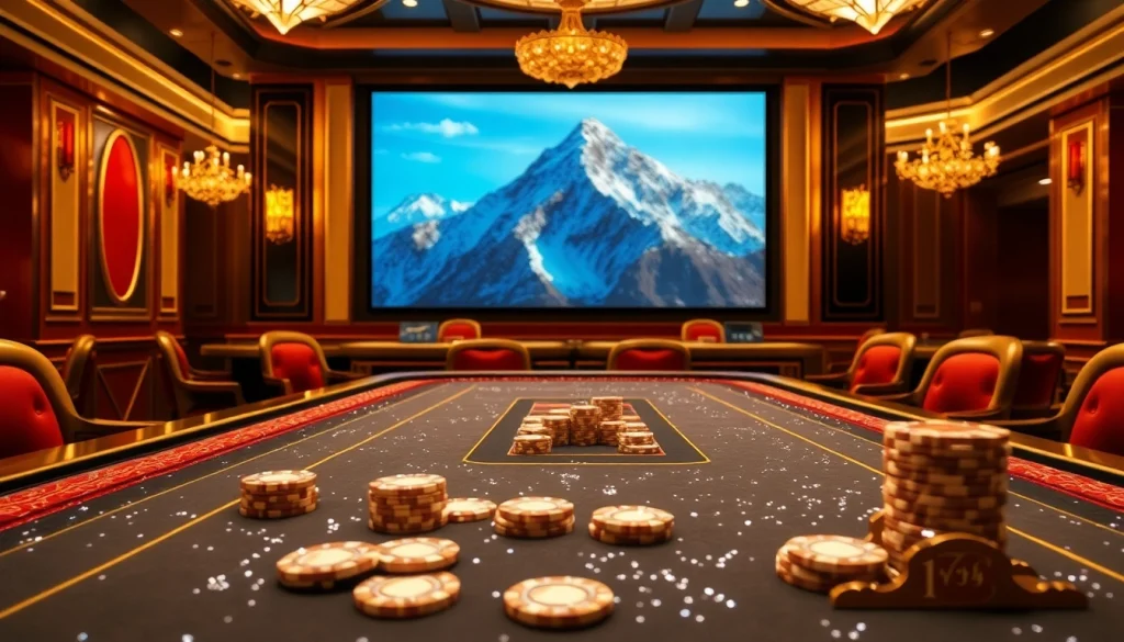 Engage in a thrilling mount Everest base camp trek-themed casino experience with vibrant gaming tables.