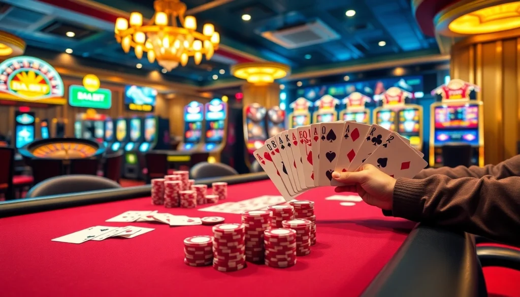 Engaging casino scene illustrating DA BET, featuring poker players, roulette wheels, and vibrant slot machines.
