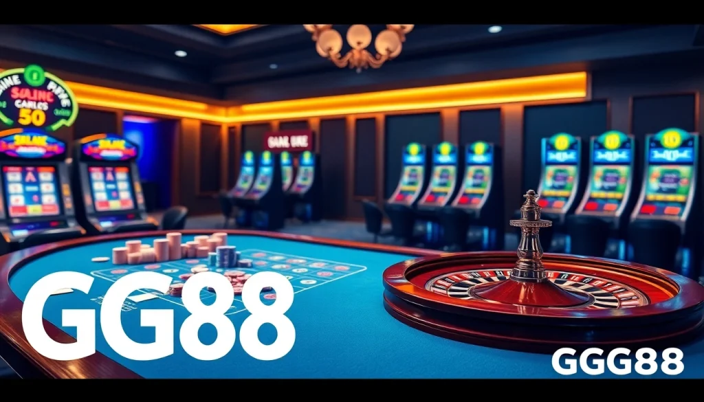 GG88 casino scene with vibrant game tables, chips, and slot machines in an exciting atmosphere.
