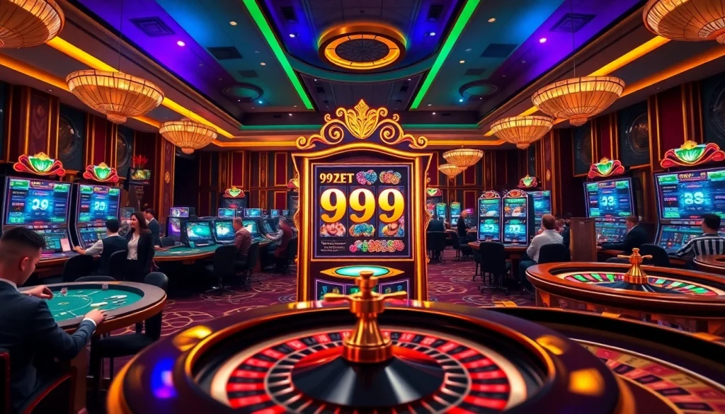 Players enjoying the excitement of 999bet slot machines in a luxurious casino atmosphere.