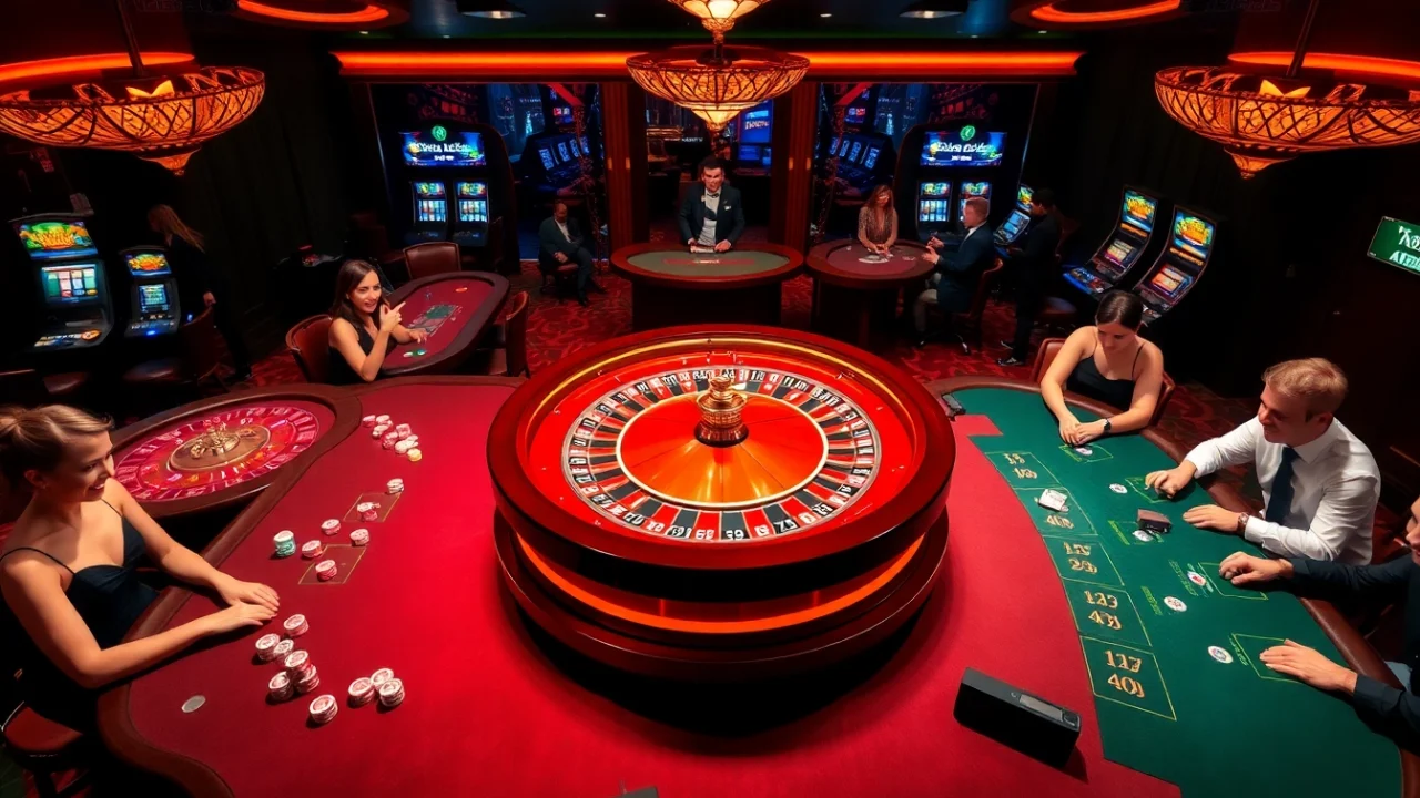 Engaged players celebrating a win at a vibrant casino with roulette and poker, featuring https://nk88net.com/.