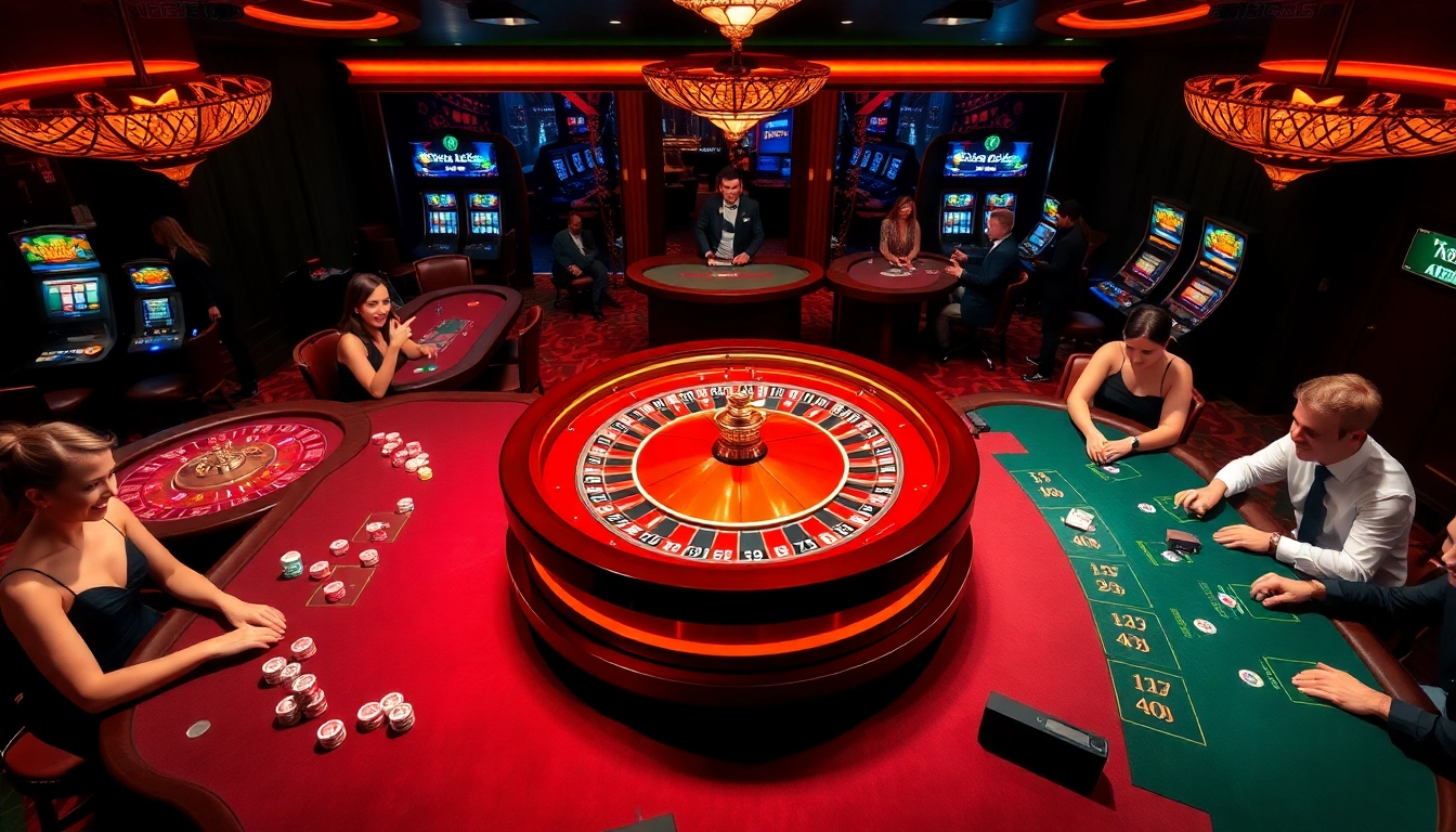 Engaged players celebrating a win at a vibrant casino with roulette and poker, featuring https://nk88net.com/.