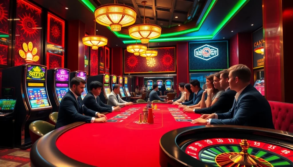 SODO66 enthusiasts celebrating a win at an upscale casino with poker chips and vibrant slot machines.