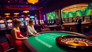 Experience thrilling gaming at Luckywin with a luxurious poker table and vibrant slot machines.