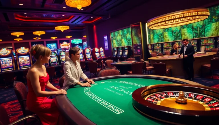 Experience thrilling gaming at Luckywin with a luxurious poker table and vibrant slot machines.