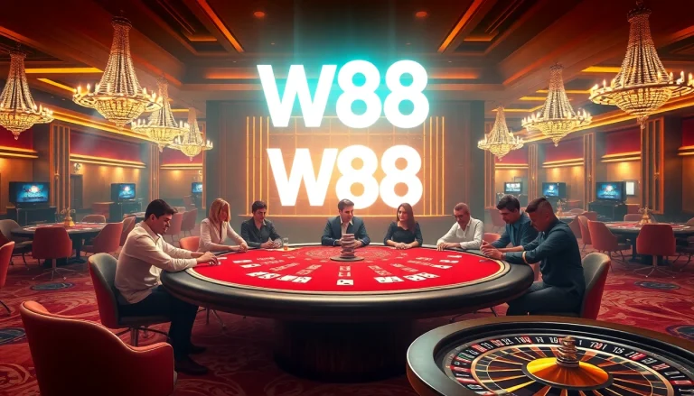 Winning at W88: Players immersed at a high-stakes poker table in a luxurious casino setting.