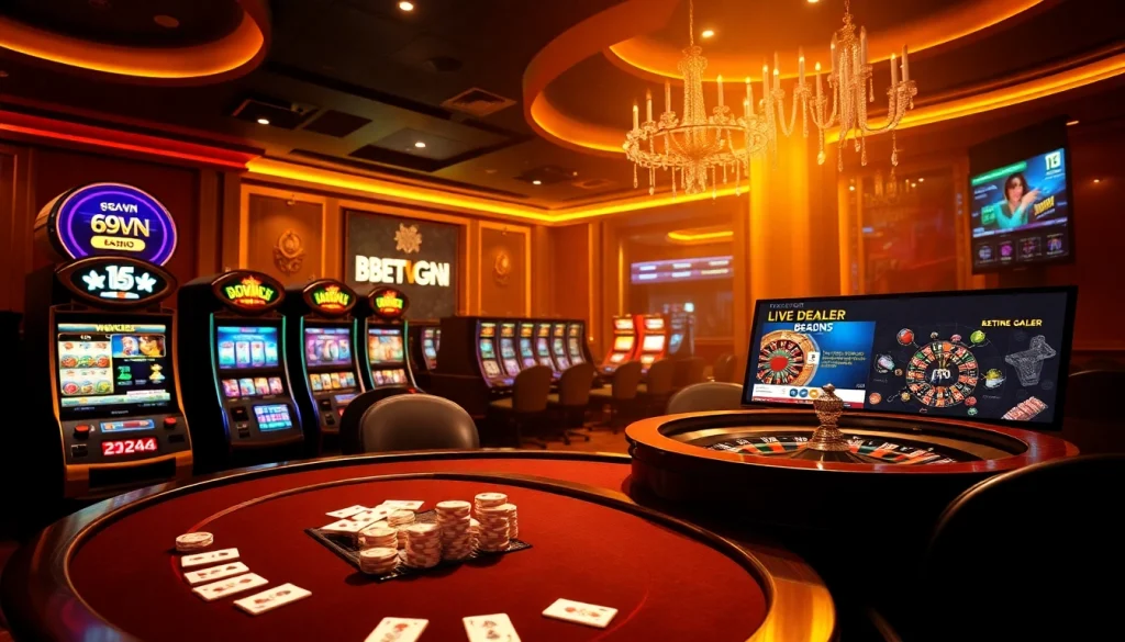 Experience the thrill of 69VN with vibrant slots and poker chips at an elegant casino.