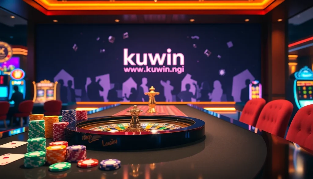 Experience the thrill of playing at https://kuwin.ng/ with vibrant poker chips and an elegant roulette wheel.