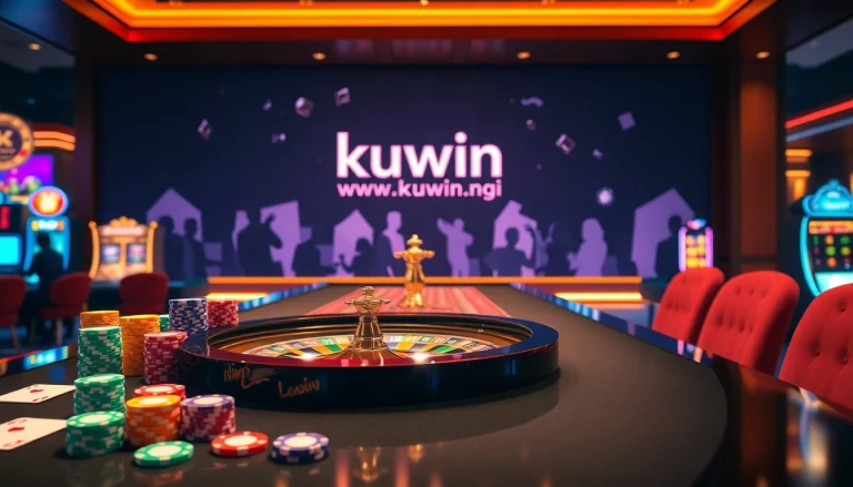 Experience the thrill of playing at https://kuwin.ng/ with vibrant poker chips and an elegant roulette wheel.
