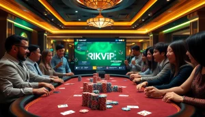 Engaged players at a luxurious RIKVIP casino table with cards and poker chips.