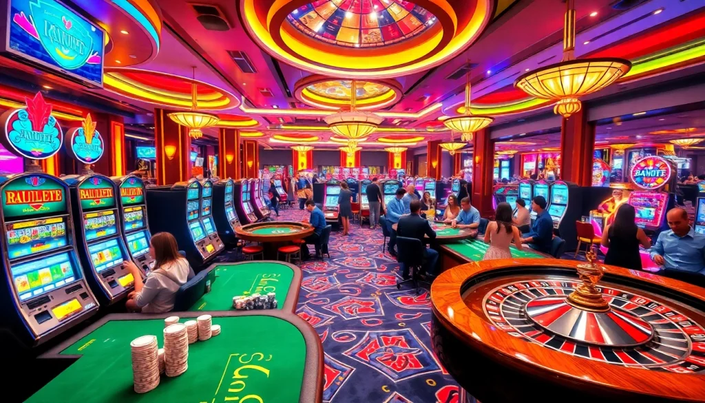Engaging players at a vibrant casino scene inspired by https://vmax1.co/, showcasing live games and slot excitement.