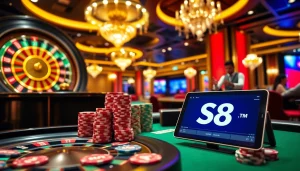 Players enjoying high-stakes gambling at a luxurious casino featuring the S8 digital interface.