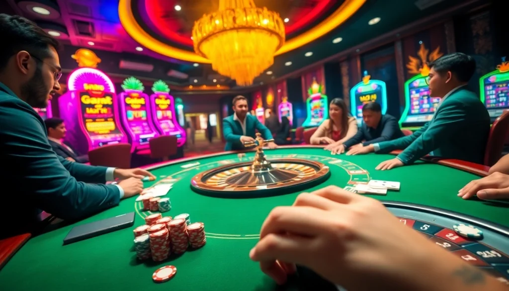 Players enjoying high-stakes games at fb88 casino with vibrant atmosphere and luxury gaming tables.