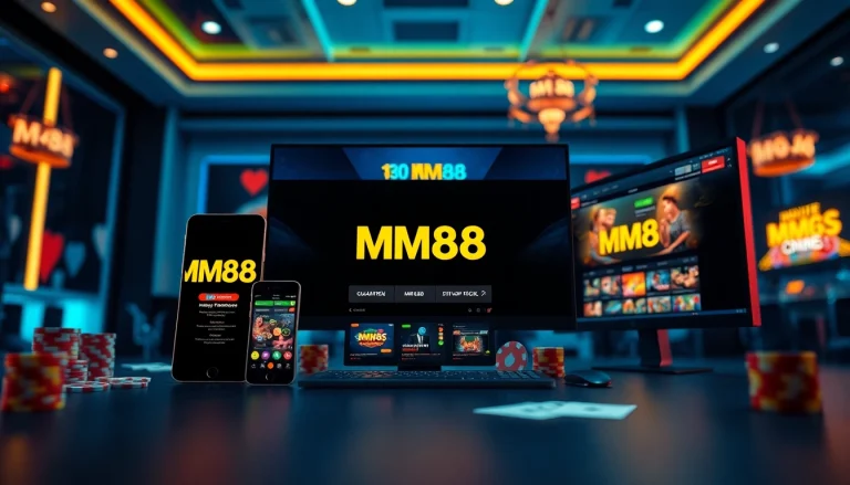 MM88 online gambling platform showcasing mobile and desktop experience with casino elements.