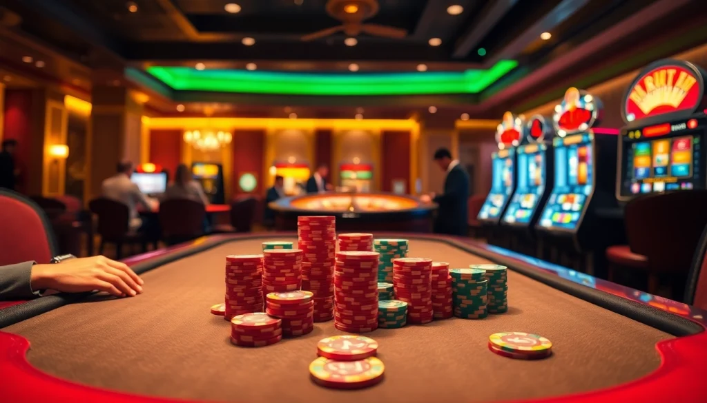 Experience thrilling gameplay at https://vj88vn.com/ with players enjoying poker and roulette in a luxurious casino ambiance.