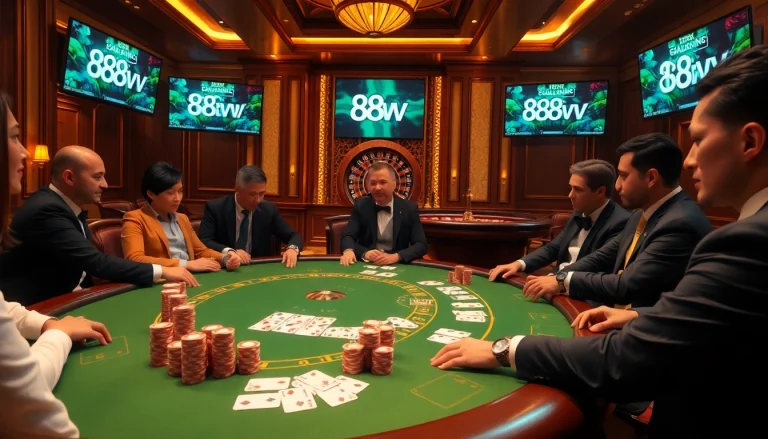 Experience excitement at 88vv with a luxurious poker table filled with vibrant chips and cards.