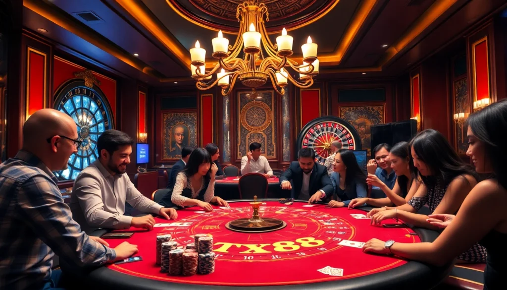 Experience the excitement of TX88 at an upscale casino table with players engaged in high-stakes action.