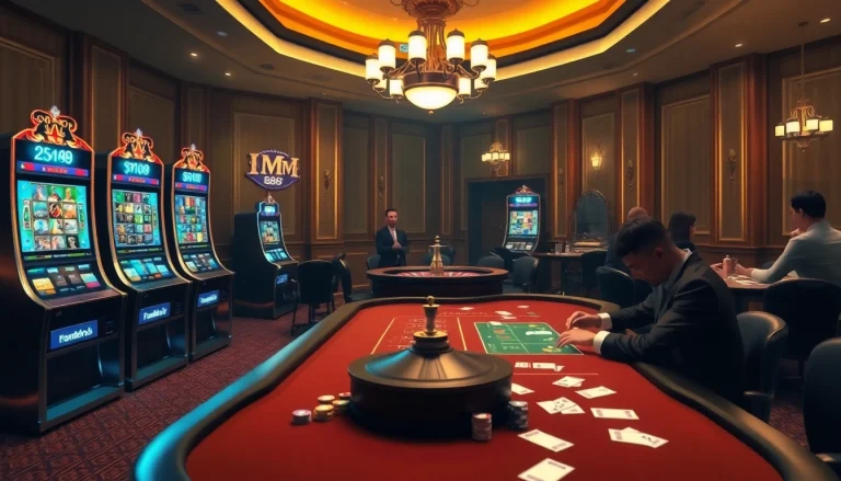 Engaging MM 88 online casino scene with vibrant slot machines and poker tables.