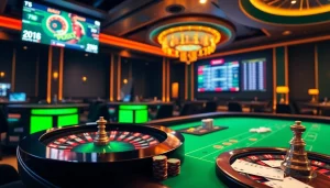 Experience the thrilling atmosphere of Bsport nhà cái with exciting casino visuals featuring poker chips and roulette wheels.