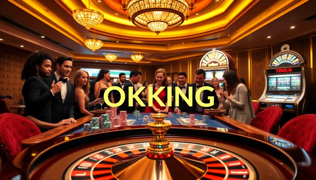 Engaging gamblers at an upscale poker table with vibrant chips and cards at OKKING casino.