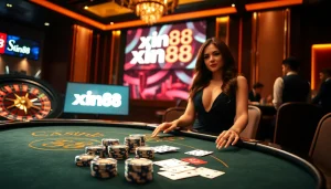Experience thrilling action at xin88 with an exciting poker table scene, professional dealers, and vibrant casino atmosphere.