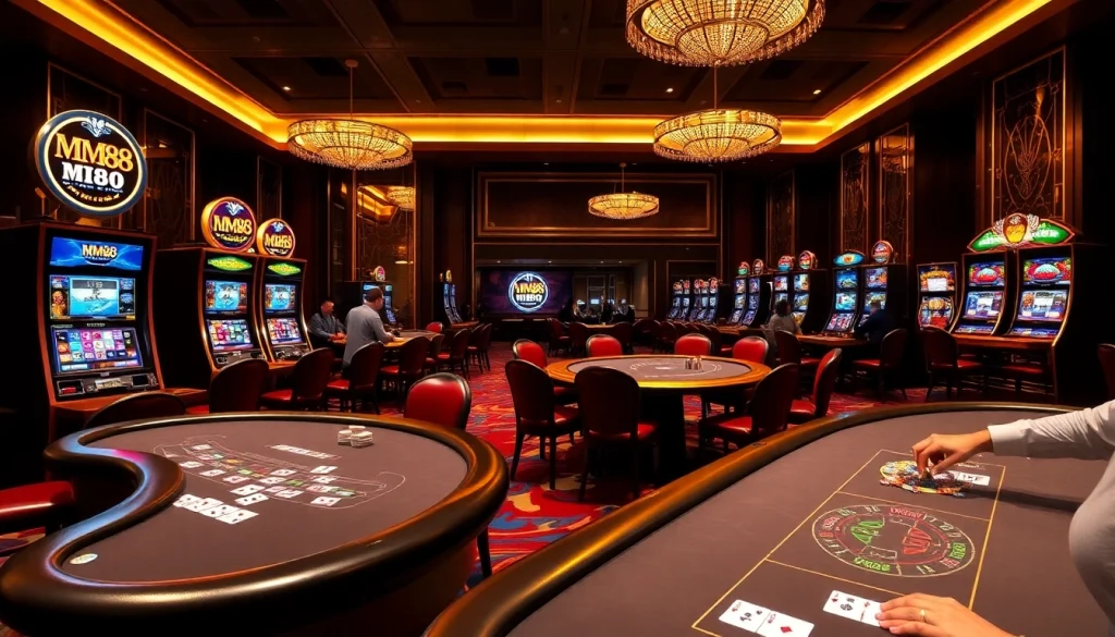 Experience thrilling casino action with the MM88 logo in a luxurious gambling atmosphere filled with tables and slots.