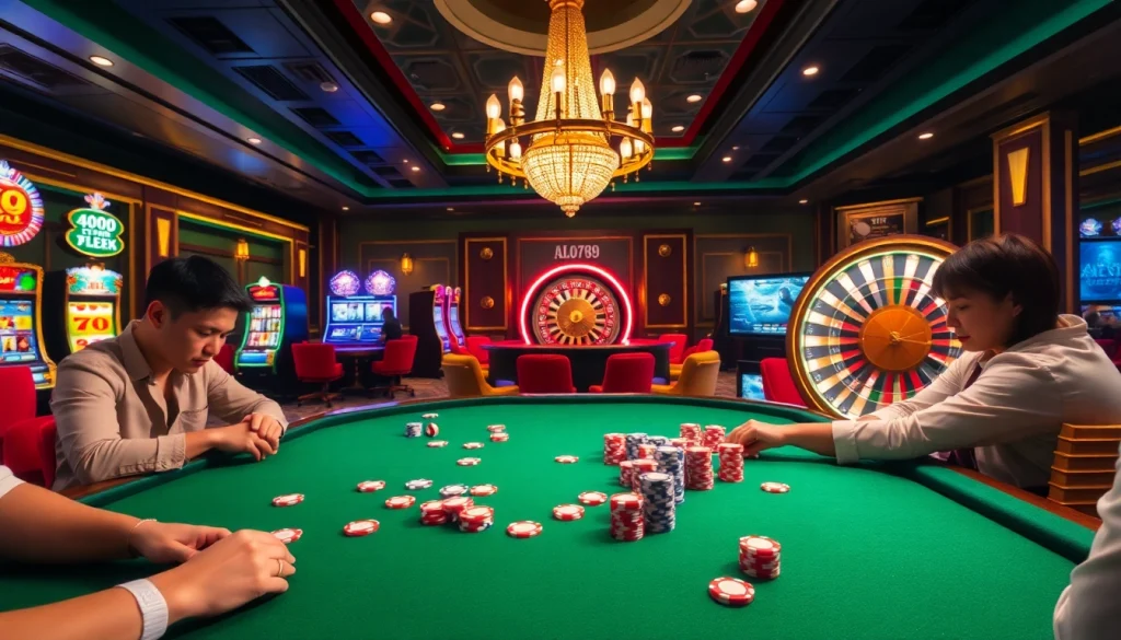 Exciting poker game at ALO789 casino with vibrant table, chips, and players.