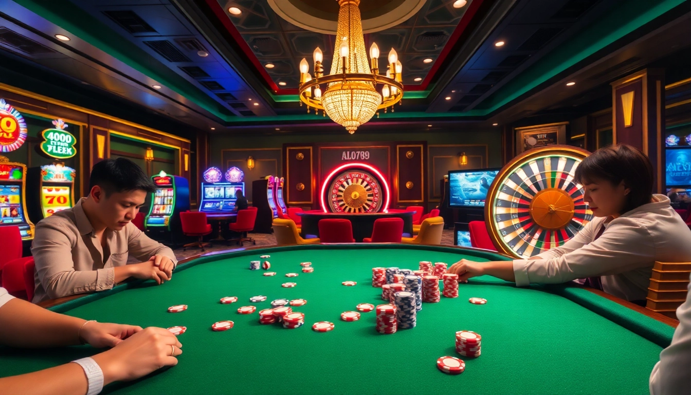Exciting poker game at ALO789 casino with vibrant table, chips, and players.