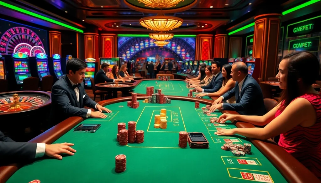 Players enjoying poker and slots at the luxurious 8kbet online casino, showcasing excitement and elegance.
