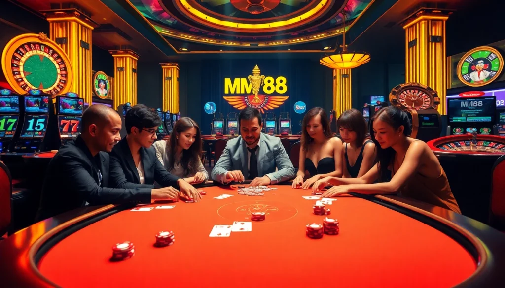 Players experience the thrill of MM88 gambling at a vibrant poker table in a luxurious casino.