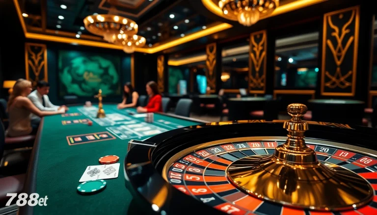 A vibrant casino scene at 789bet, showcasing luxurious poker tables and thrill of online gambling.