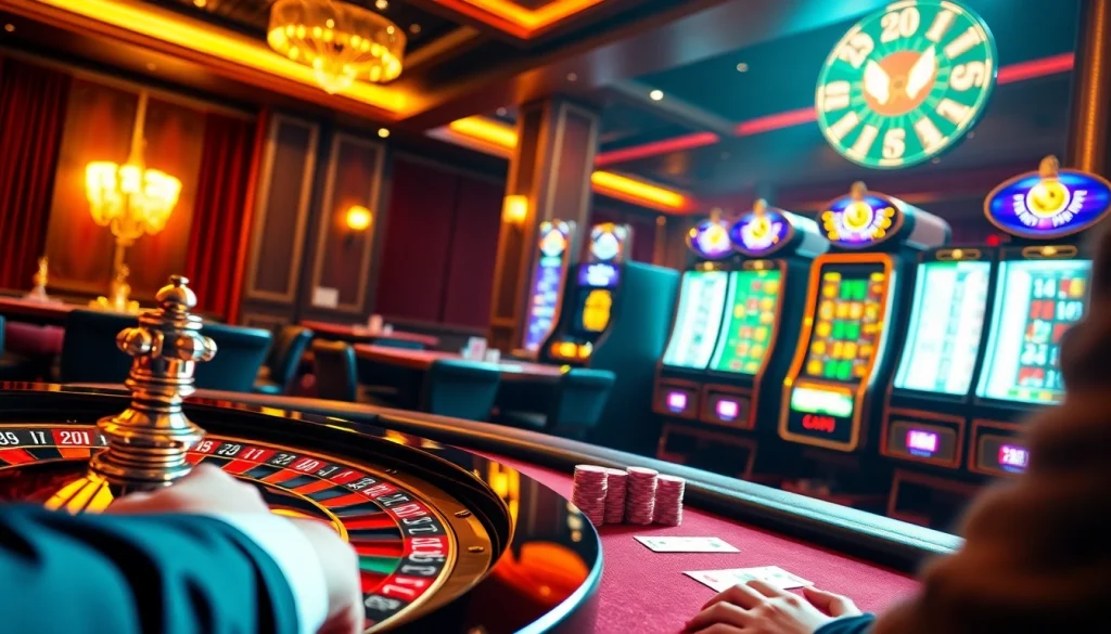Engage in high-stakes fun at LINK XX88's luxurious casino scene featuring poker, roulette, and slot machines.
