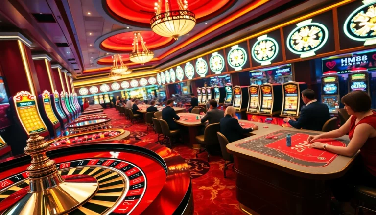 Players enjoying various casino games at HM88, featuring poker tables, roulette, and colorful slot machines.