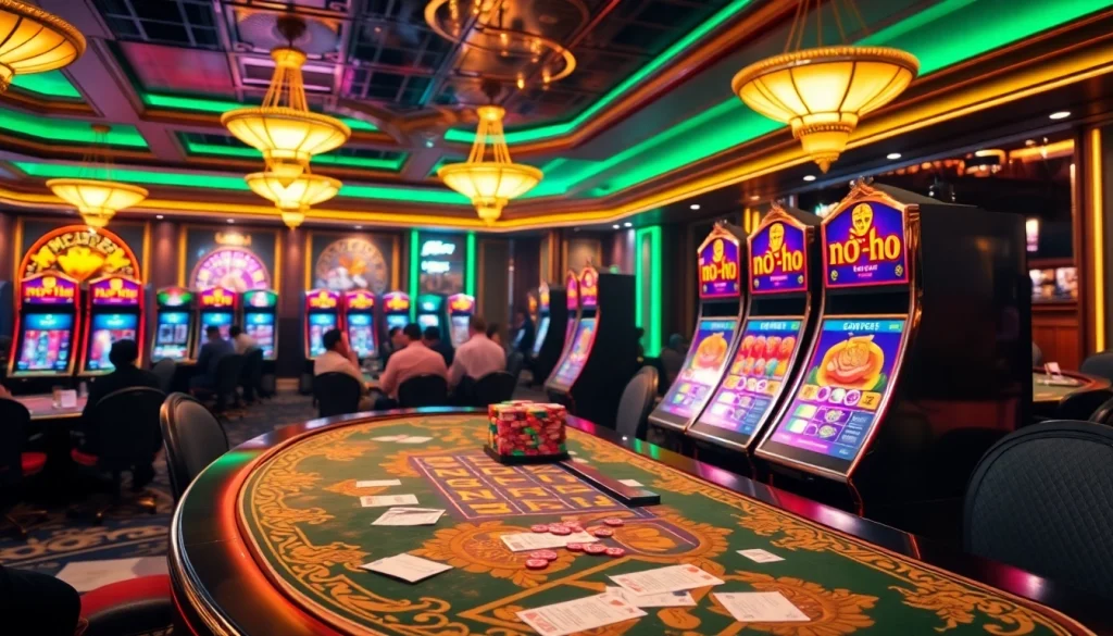 Experience the excitement of nổ hũ with vibrant slot machines and colorful casino chips.
