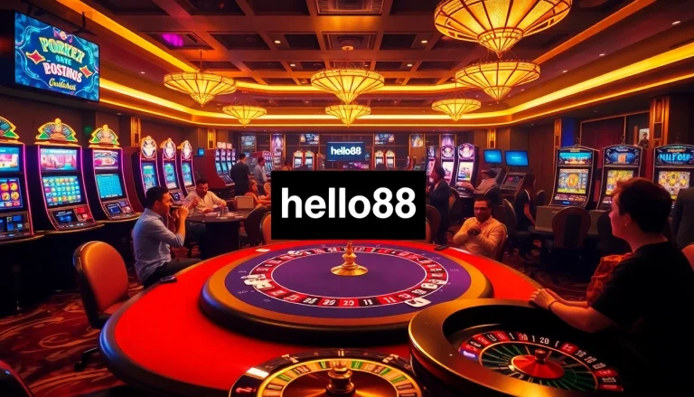 Hello88 offers an exciting casino experience featuring poker tables and roulette wheels.